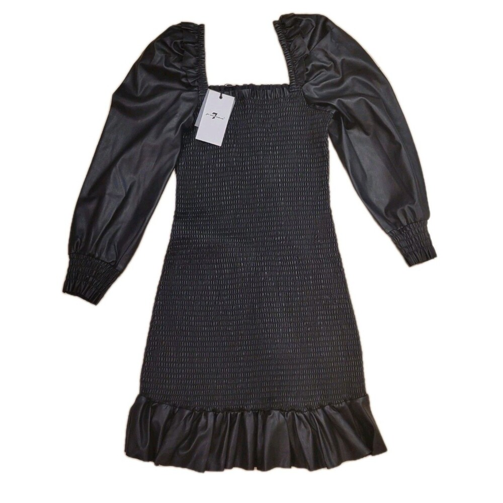 7 For All Mankind Black Faux Leather Smocked Dress Puff Sleeve Square Neck NWT S